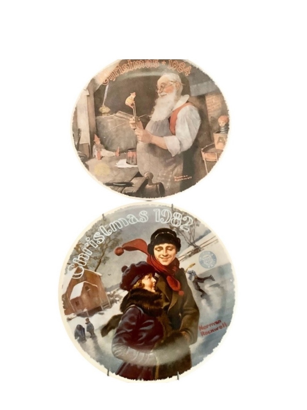 Vintage Norman Rockwell Fine China Christmas Plates 80s Courtship Santa Workshop